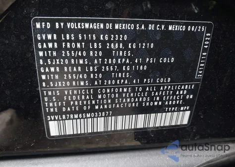 2025 Volkswagen Tiguan 2.0T Sel R-Line from USA, damaged, VIN 3VVLR7RM6SM033877